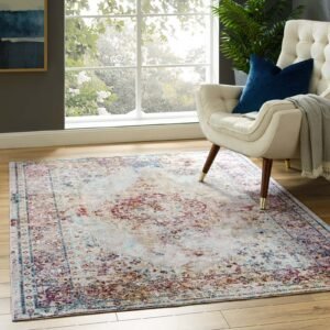 Multicolored Success Merritt Transitional Distressed Floral Vintage Medallion Area Rug | 4X6 & 5X8 Size Options | Tight Low Pile Weave | Gripping Rubber Underside | 100% Soft Polypropylene | Pack Of 2