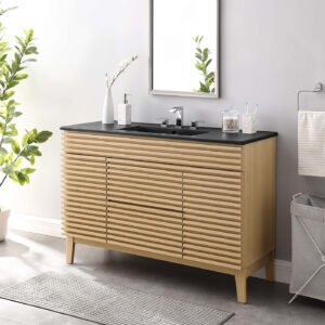 Bathroom Vanity With Sink | Walnut Black, Charcoal Black, Gray Black, White Black, White Walnut Black & Oak Black Color Options | 48" Single Or 48" Double Size Options | Render Series | Full Extension Drawer | Modern & Sleek  Design