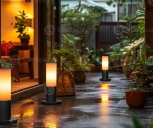 ai-generated-during-the-night-led-light-posts-illuminated-a-backyard-garden-outdoor-lighting-systems-for-backyards-photo